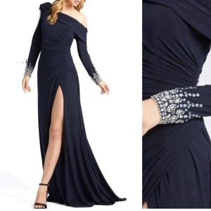 MAC DUGGAL Midnight Navy Blue Asymmetric Jeweled Evening Gown NEW Size 6 Dress